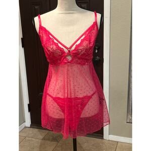 NWOT HOT PINK Strappy Lacy Sheer Lingerie with Thong Set